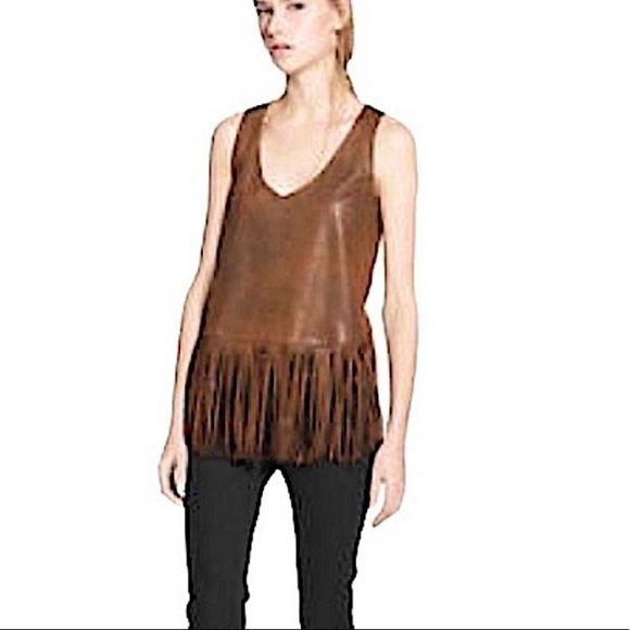 Mango Sueded Fringe Tank Top Sleveless V-Neck Vegan Brown Distressed Hippie Boho - Picture 1 of 9